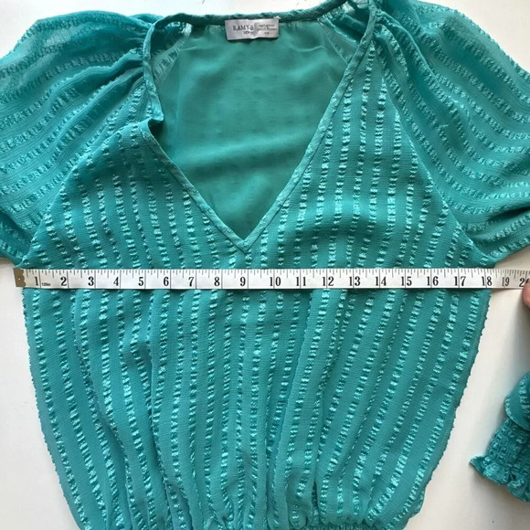 Ramy Brook Textured Mini Smocked Drop Waist Long Sleeve V-neck Dress Teal Size M - Picture 8 of 11